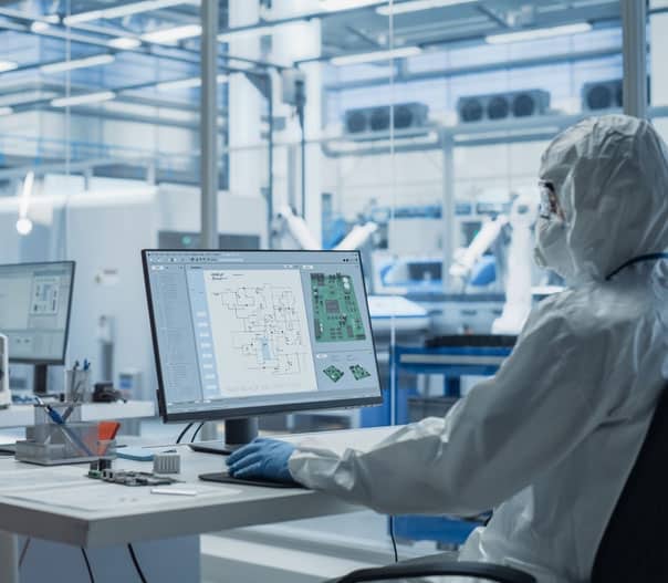 Precision industrial automation engineer monitoring control panel in high-tech manufacturing facility.