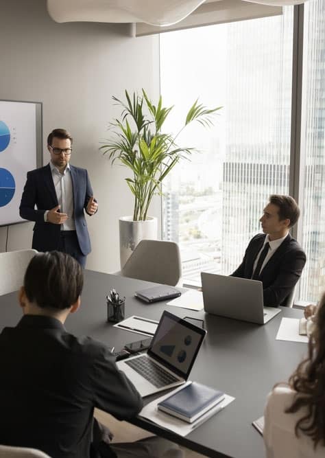 Smart business presentation in modern office with team meeting and large window view.